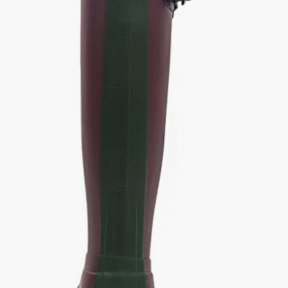 Hunter rain boots tall burgundy with green stripe and blue buckel. Sz 7 EU 38 - Picture 3 of 9